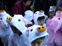Children wear pig costumes while ushering in Chinese New Year on February 05, 2019 in San Francisco, California. JUSTIN SULLIVAN / GETTY IMAGES NORTH AMERICA / AFP