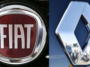 This combination of pictures created on May 26, 2019 shows the logo of Italian automaker Fiat (L) in Saluzzo, near Turin, and the logo of carmaker Renault in Saint-Herblain, western France. 