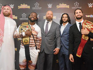 From left, Tripe H, Kofi Kingston, Mojo Rawley, Mansour Al-Shehail and Seth Rollins during the press conference on Thursday. (Photo: Huda Bashatah)