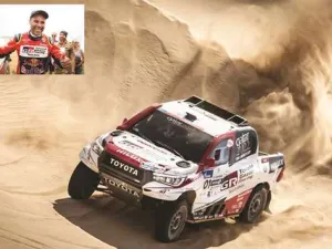 Qatar’s Nasser Saleh al-Attiyah (also inset) and his French co-driver Mathieu Baumel in action during the ninth stage of the Silk Way Rally yesterday. (Red Bull Content Pool) Photo: Sports Reporter/Doha