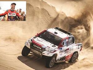 Qatar’s Nasser Saleh al-Attiyah (also inset) and his French co-driver Mathieu Baumel in action during the ninth stage of the Silk Way Rally yesterday. (Red Bull Content Pool) Photo: Sports Reporter/Doha