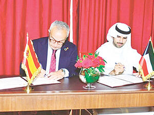 Head of Olympic Committee of Kuwait Sheikh Fahad Al-Nasser and Head of Spain’s Olympic Committee Alejandro Blanco Bravo during the signing ceremony in Doha, Qatar.