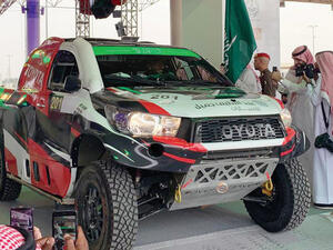Yazeed Al-Rajhi at the start of the Rally Qassim 2019 on Thursday. Al-Rajhi leads the event after the super special stage. (Photo/Supplied)