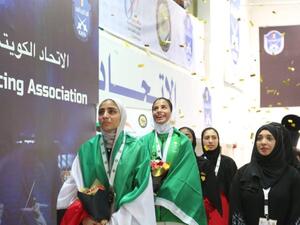 Saudi fencer Hasna Al-Hammad is seen on the podium after bagging the first Saudi gold medal on the second day of the 6th Gulf Cooperation Council (GCC) Women’s Games in Kuwait City on Monday. — SPA