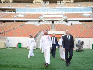 Spanish football chief Luis Rubiales and Prince Abdul Aziz bin Turki Al-Faisal, chairman of the GSA, tour the stadium in Jeddah where the Spanish Super Cup will be played. (Photo: GSA)