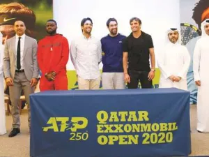 Tennis players Frances Tiafoe of the US (third left), Fernando Verdasco of Spain (fourth left), Jeremy Chardy of France (fifth left) and Makel Jaziri of Tunisia (sixth left) pose with tennis officials at the draw yesterday. (Photo: Gulf Times)