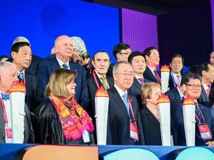 Former United Nations Secretary General Ban Ki-moon and other delegates kicked off the Pyeongchang Peace Forum 2020 in South Korea on Sunday. (Photo: Thomas Maresca/UPI)