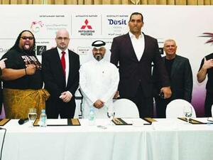 The pro-wrestling superstars Alofa, The Great Khali, and Rob Van Dam join QPW and Superslam 2 organisers at a press conference on Thursday at Dusit Doha Hotel Photo: Nasar K Moidheen.