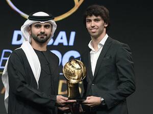Sheikh Mansoor Bin Mohammad Bin Rashid Al Maktoum, the Chairman of Dubai Sports Council, presents Joao Felix with the Best Revelation Player trophy at the Dubai Globe Soccer Awards in Dec 2019. (Photo: SG)