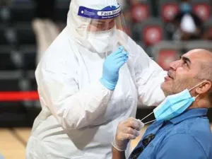 Al Sailiya coach Sami Trabelsi undergoes Covid-19 testing at the Ali Bin Hamad Al Attiyah Stadium yesterday (Photo: Gulf Times)