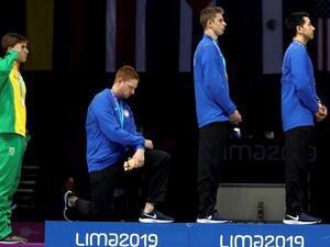 American fencer Race Imboden knelt in protest while at the 2019 Pan American Games in Lima, but would face punishment if he did so at the 2021 Summer Games in Tokyo. (Photo: Juan Ponce/EPA-EFE)