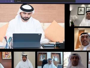 Sheikh Mansoor presides over a virtual meeting of the Board of Directors of Dubai Sports Council. (Photo: Khaleej Times)
