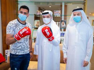 Amir Khan (left) seen with Saeed Hareb, secretary general of DSC and Nasser Aman Al Rahma, assistant secretary general of DSC to discuss his future projects. (Supplied photo)