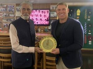 Shane Warne with Shyam Bhatia at the latter's cricket museum in Dubai. (Supplied photo)