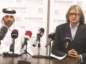 International Centre for Sport Security (ICSS) CEO Massimiliano Montanari (right) and Saleh Salem al-Eida, Special Advisory, Strategy and Partnership Development, are pictured at a press conference yesterday. (Photo: Gulf Times)