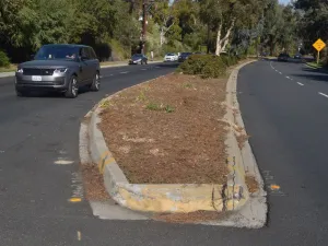 The median on Hawthorne Blvd. that golf legend Tiger Woods crossed before rolling his car in Rolling Hills Estates as seen on Wednesday. (Photo: Jim Ruymen/UPI)