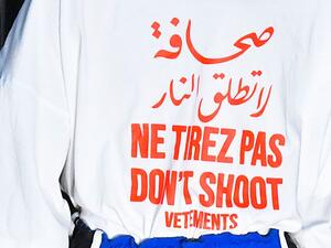 French label Vetements has come under fire online for featuring a T-shirt that read “Don’t shoot” in Arabic, French and English. (Twitter)