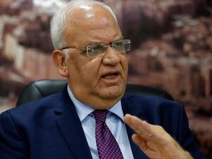Saeb Erekat, secretary general of the Palestine Liberation Organisation, speaks to journalists in the West Bank city of Ramallah. (AFP/File Photo)
