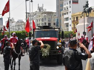 This picture taken on July 27, 2019 shows a view of the funerary procession of late Tunisian president Beji Caid Essebsi at the presidential palace in the capital's eastern suburb of Carthage. (AFP/ File Photo)