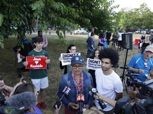 US Democratic Representative for Michigan's 13th congressional district Rashida Tlaib speaks to the medias during "Shabatt in the Park with Rashida" event with pro BDS group on August 16, 2019. (AFP)
