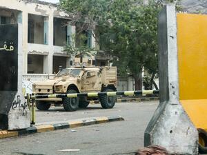 This picture taken on August 17, 2019 shows an armoured vehicle belonging to forces of the Saudi-led international coalition supporting Yemen's internationally recognised government. (AFP/ File Photo)