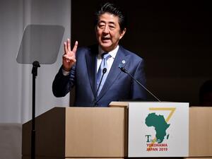 Japan's Prime Minister Shinzo Abe delivers a speech during the opening session of the Tokyo International Conference on African Development (TICAD) in Yokohama on August 28, 2019.  (TOSHIFUMI KITAMURA / AFP)