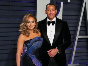 Jennifer Lopez and Alex Rodriguez on Feb. 24. (Jean-Baptisete Lacroix/AFP via Getty Images)