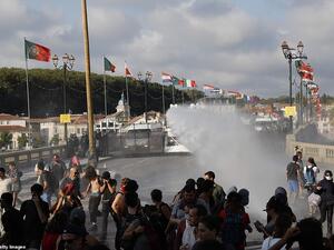 French security personnel fire a water canon during a protest in the city of Bayonne. (AFP/ File Photo)