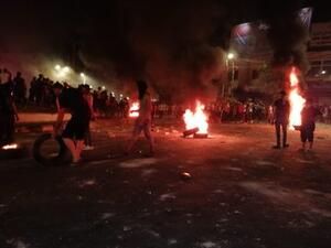 Protesters in Ramtha during small-scale riots that broke out on Friday that saw young people closing the main street in their northern district in protest against the government's decision to intensify measures on the Jaber border crossing with Syria. (Twitter)