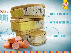 Oscar Meyer unveiled the Ice Dog Sandwich, an ice cream sandwich featuring bits of candied hot dog meat and mustard flavored ice cream. (Image courtesy of Oscar Meyer)