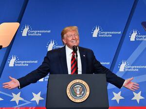 US President Donald Trump delivers remarks during the 2019 House Republican Conference Member Retreat Dinner in Baltimore, Maryland on September 12, 2019. Nicholas Kamm / AFP