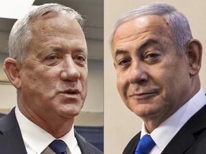 This combination picture created on September 18, 2019 shows Retired Israeli General Benny Gantz (L), leader and candidate of the Israel Resilience party that is part of the Blue and White (Kahol Lavan) political alliance, speaking to journalists after voting during Israel's parliamentary election at a polling station in Rosh Haayin, and Israeli Prime Minister Benjamin Netanyahu (R) smiling after casting his vote at a polling station in Jerusalem (AFP)