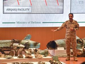 Saudi defence ministry spokesman Colonel Turki bin Saleh al-Malki displays pieces of what he said were Iranian cruise missiles and drones recovered from the attack site that targeted Saudi Aramco's facilities, during a press conference in Riyadh on September 18, 2019. (AFP/ File Photo)