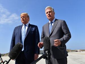 US President Donald Trump(L)speaks next to new national security advisor Robert O'Brien on September 18, 2019 at Los Angeles International Airport in Los Angeles, California. (AFP/ File Photo)