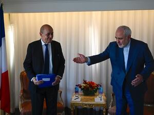 French Minister of Foreign Affairs Jean-Yves Le Drian (L) and Mohammad Zarif, Foreign Minister of Iran look on before their meeting on September 22, 2019 in New York City. (Johannes EISELE / AFP)