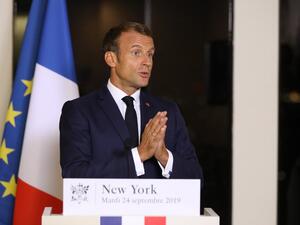French President Emmanuel Macron speaks during a press conference after the 74th Session of the United Nations General Assembly at the French mission to the United Nations in New York, September 24, 2019. (Ludovic MARIN / AFP)