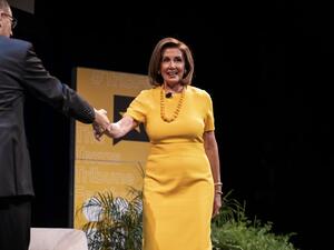 Speaker of the House of Representatives, Nancy Pelosi is greeted on stage by Texas Tribune CEO, Smith at The Texas Tribune Festival on September 28, 2019 in Austin, Texas. (AFP/ File Photo)