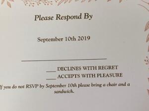 The unidentified bride and groom's invitation was shared to Reddit last week, where it was praised by fellow users for its extra requirement of bringing a 'chair and a sandwich'  (dailymail.co.uk)