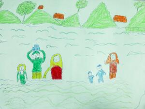 رسم لديل، 15 عاماً، وهو أحد لاجئي الروهينجيا الذين فروا من ميانمار إلى بنغلادش. ويُظهر الرسم عائلة ديل وهي تعبر النهر إلى بنغلادش.