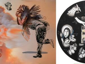 From (L) to (R): New works are a reaction to the fire in France’s most-famous cathedral earlier this year and Boutros Al-Maari, Notre-Dame, 2019. (Supplied/ Arab News)