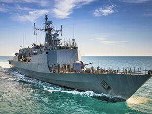 Grey modern warship sailing in the sea. (Shutterstock/ File Photo)