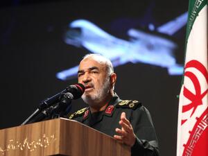 Iranian Revolutionary Guards commander Major General Hossein Salami speaks in capital Tehran during the unveiling of an exhibition of what Iran says are US and other drones captured in its territory. (AFP/ File Photo)
