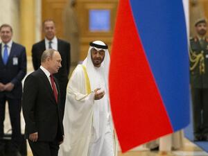 Russian President Vladimir Putin and Abu Dhabi Crown Prince Mohammed bin Zayed al-Nahyan attend the official welcome ceremony in Abu Dhabi, United Arab Emirates, on October 15, 2019. (Alexander Zemlianichenko / POOL / AFP)