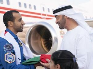 Mohammed bin Zayed receives astronauts Hazza Al Mansouri and Sultan Al Neyadi upon arrival at the Presidential Airport after a successful historic trip to the International Space Station. (Twitter/ @MohamedBinZayed)