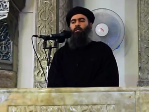 An image grab taken from a video released in July 2014 of Islamic State leader Abu Bakr al-Baghdadi preaching at a mosque in Mosul. Photo: Al-Furqan Media/Anadolu Agency/Getty Images
