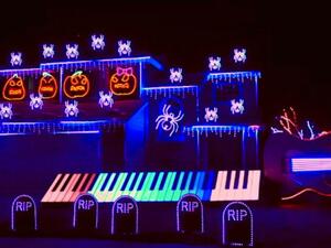 Tom BetGeorge decorated his Tracy home with spooky decorations and a series of lights that illuminate in conjunction with various songs. (Video Screenshot) Tom BetGeorge decorated his Tracy home with spooky decorations and a series of lights that illuminate in conjunction with various songs. (Video Screenshot)