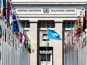 National flags at the entrance in UN office at Geneva, Switzerland. (Shutterstock/ File Photo)