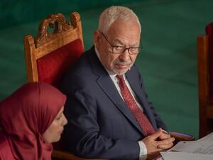 Tunisian Islamist-inspired Ennahdha party leader Rached Ghannouchi (R) chairs the first session of the new parliament following the October elections in the capital Tunis, on November 13, 2019. A collective oath by newly elected members of parliament was challenged by the leader of the Free Destourian Party (PDL), anti-Islamist lawyer Abir Moussi who wanted MPs to swear one by one, claiming some of them were not in the room at the time of the oath. It is the first clash on the floor of the Assembly between 