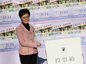 Hong Kong Chief Executive Carrie Lam casts her vote during the district council elections in Hong Kong on November 24, 2019.  (AFP/ File Photo)