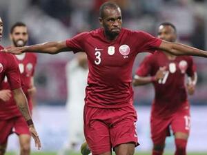 Qatar's defender Abdelkarim Hassan (C) celebrates after scoring during the 24th Arabian Gulf Cup Group A football match between Yemen and Qatar at the Khalifa International Stadium, Doha